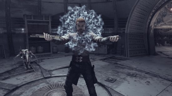 A man dressed in black and white shows force powers skills