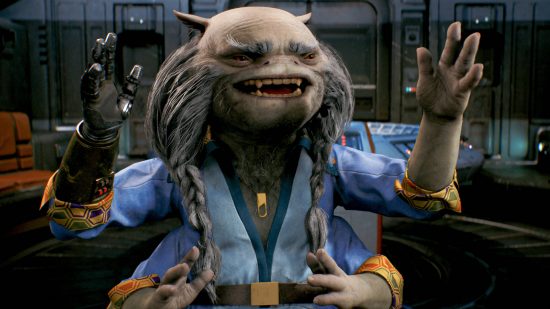 An alien wearing a blue shirt is showing with his hands how long Star Wars Jedi Survivor is.