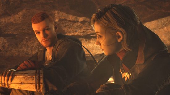 Star Wars Jedi Survivor Jedha - Cal and another person are talking in a cave.