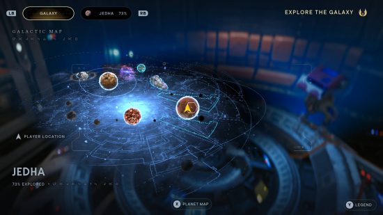 The map screen showing Star Wars Jedi Survivor Jedha, alongside a completion percentage of the planet explored.