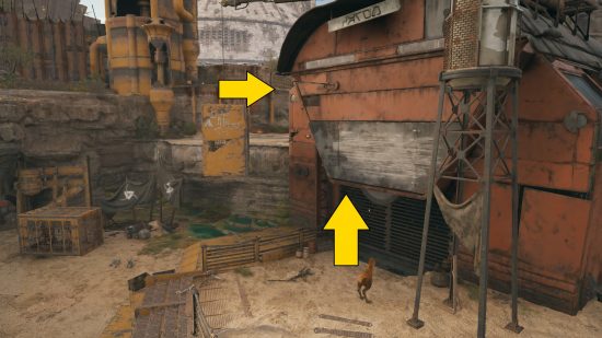 Two yellow arrows point to platforms needed for the Star Wars Jedi Survivor Harvest Reach Nekko puzzle solution
