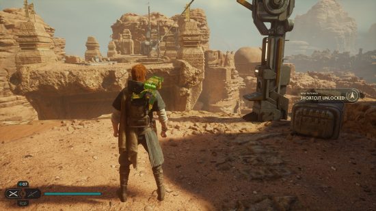 Cal Kestis finds new Star Wars Jedi Survivor Lightsaber parts in a desert terrain area