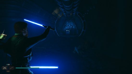 A dimly lit cave is home to more Star Wars Jedi Survivor Lightsaber parts