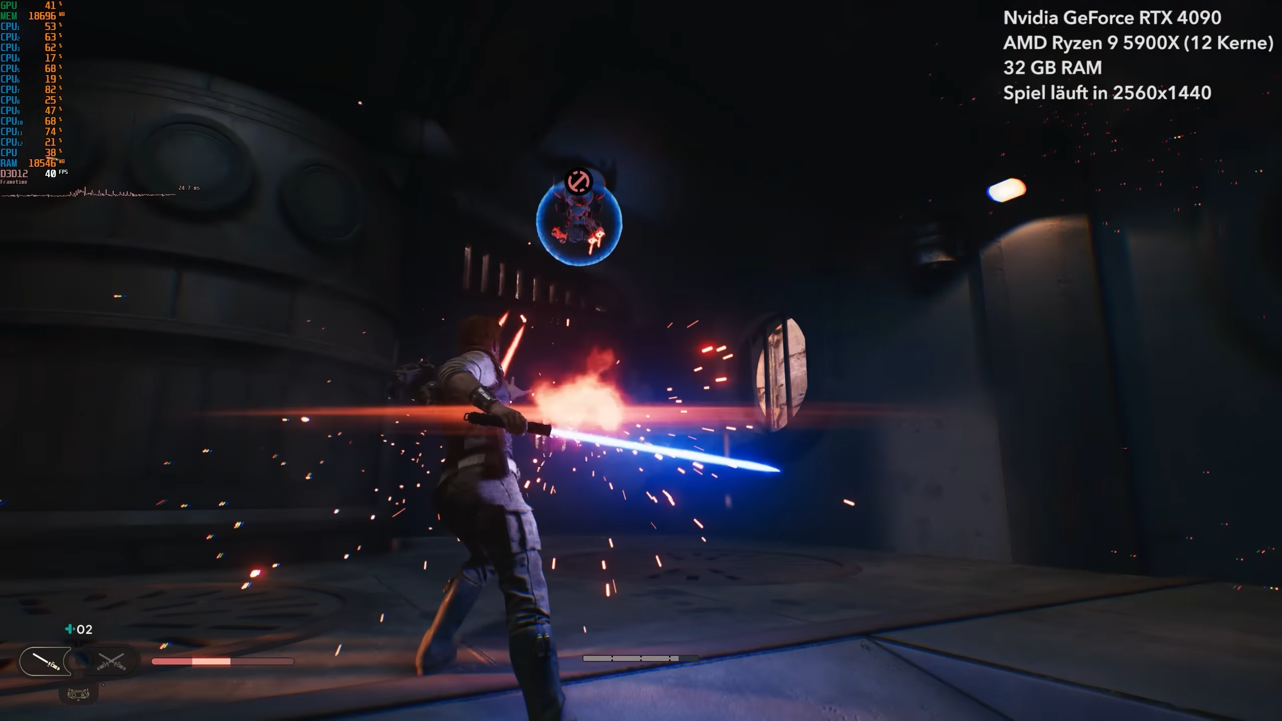 Screenshot des Gameplays von Star Wars Jedi Survivor mit RTX 4090-Leistungsdaten auf dem Bildschirm