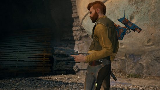 Cal Kestis Wields the Quickdraw Blaster in Jedi Survivor alongside a large sandy-coloured wall