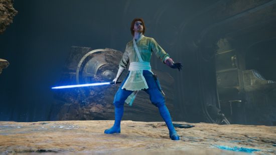 A figure in blue trousers and taupe tabard wields the Santara Khri Lightsaber