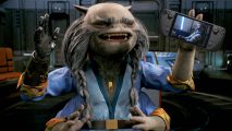 Greez Dritus from Star Wars Jedi Survivor with blue vest holding Steam Deck in left hand