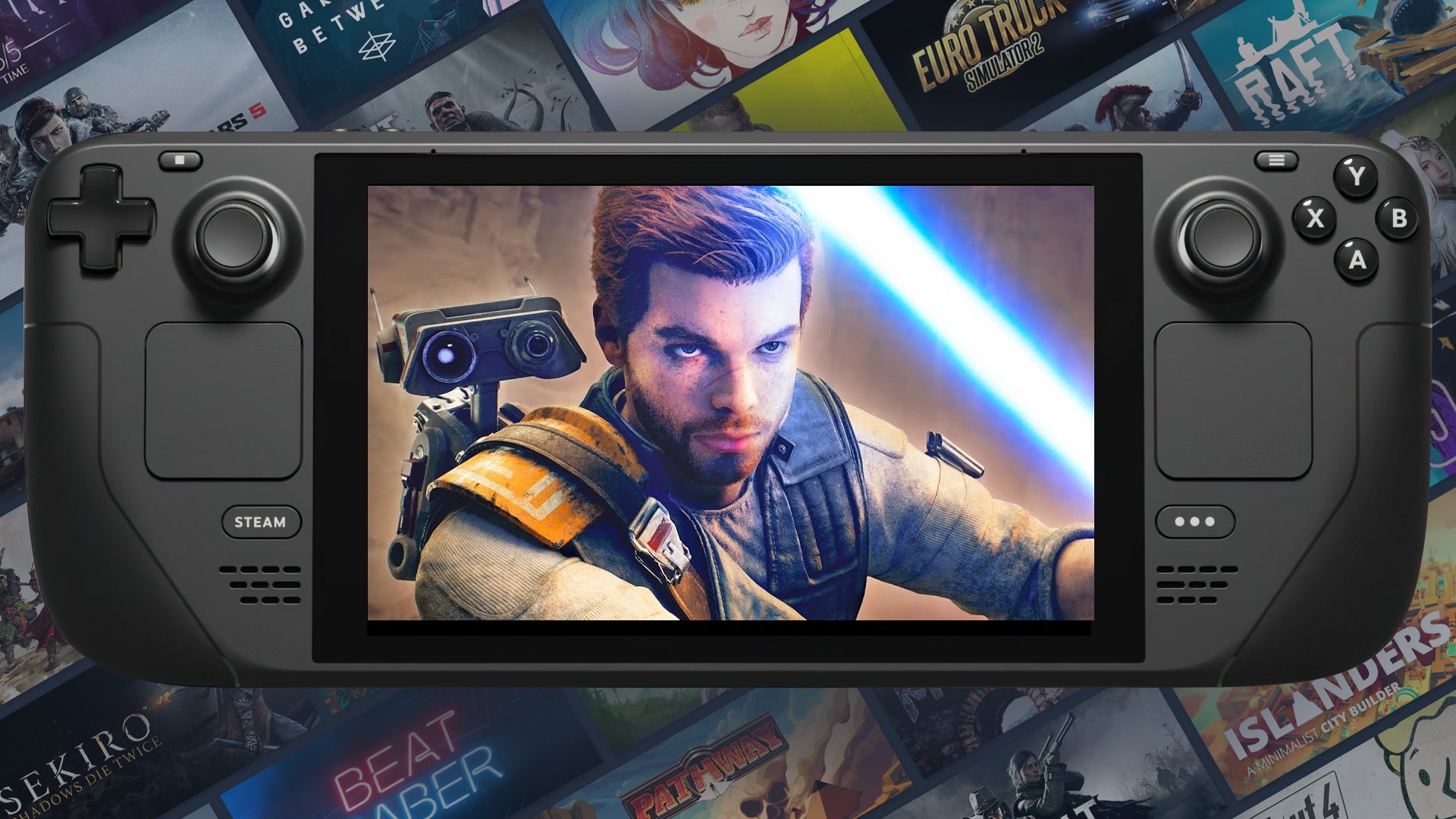 Steam Deck mit Cal Kestis aus Star Wars Jedi Survivor auf dem Bildschirm