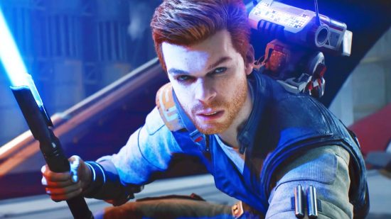 Star Wars Jedi Survivor’s final trailer shows off Cal and Coruscant: A Jedi with red hair holds a blue lightsaber, Cal Kestis from Respawn Star Wars game Jedi Survivor