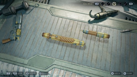 A weapon lies on a customization bench for more Star Wars Jedi Survivor weapon colors options