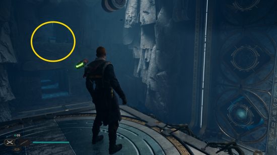 A yellow circle highlights the area of another Star Wars Jedi Survivor weapon colors and customization option
