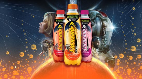 Starfield's 'energy drink planet' is not an April Fool's: a Starfield promo image with bottles of Lucozade energy in front