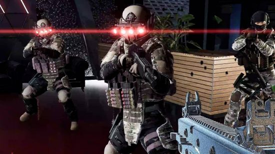 Three soldiers all wearing black ops armour with metal helmets with four red lights attached to the front aim their guns at the camera as the player aims back
