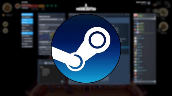 Steam update - the logo for Valve's Steam platform, overlaid on a blurred screenshot of the new in-game overlay