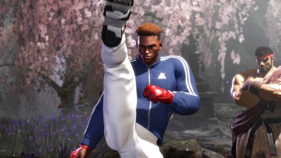 Street Fighter 6 World Tour preview - a created character is practicing an axe kick in front of Ryu.