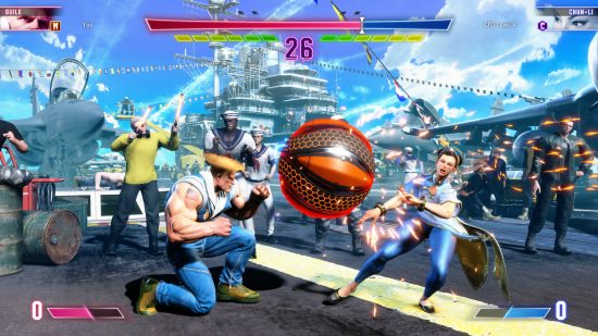 Street Fighter 6 World Tour preview - Chun-Li has just been hit in the face by a giant ball that Guile, who is crouched down, flung into her. They are fighting aboard a military cruiser.