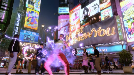 The created character wows the masses in Metro City's version of Times Square by emitting electricity during a Street Fighter 6 World Tour preview.