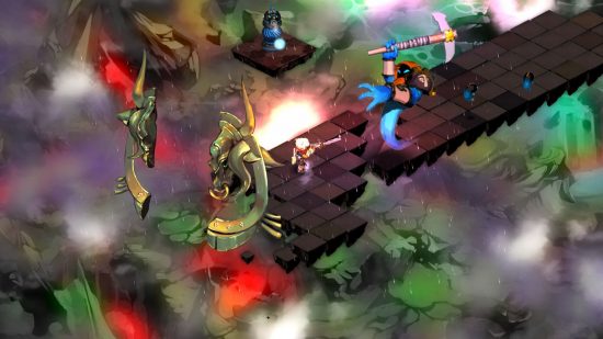 Supergiant Games Steam sale - Bastion: The Kid fights a Windbag that's wielding a large axe