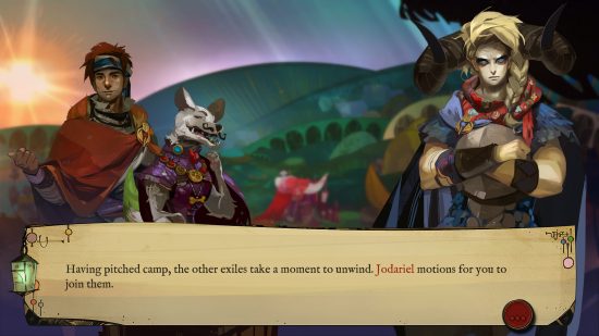 Supergiant Steam sale - Pyre: three characters, Hedwyn, Rukey and Jodariel, looking expectantly at the camera, inviting the Reader to sit next to them