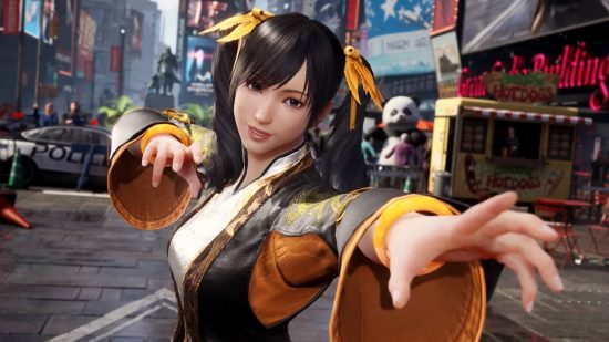 A Tekken 8 beta could be coming, prepare yourselves: A young Asian girl with black hair in pigtails with orange hair ties and a tight-fitting black and orange outfit readies herself to fight in a street