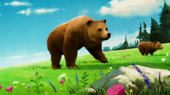 Terra Nil - a large and a small bear stroll leisurely across an open field. Flowers have sprung up in the foreground. Light, fluffy clouds dash across a clear blue sky.