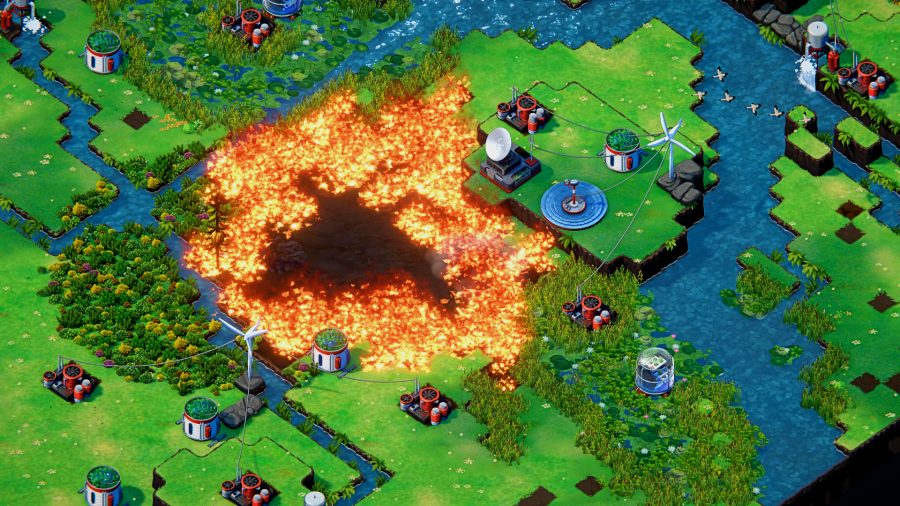 Terra Nil - fire spreads across grassy fields, threatening to engulf several small settlements