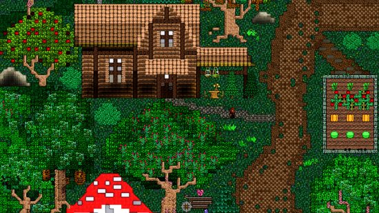 Terraria build in style of Stardew Valley - a Terraria map created by Lady Forestia that acts like a top-down open-world game inspired by the ConcernedApe indie game