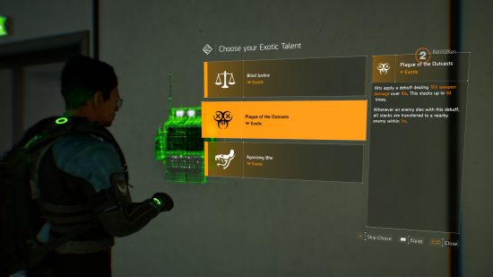 The Division 2 Descent mode - a player picks between three Exotic talents