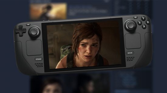 The Last of Us Steam Deck Unsupported: Handheld with Ellie on screen and blurred Steam backdrop