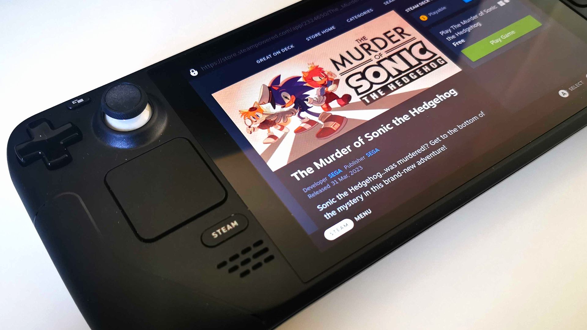 The Murder of Sonic the Hedgehog Steam Deck: Storefront page on handheld's screen