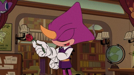 Espio the Chameleon from Sonic, a purple cartoon character with one horn on his nose, stands wearing a theatrical outfit holding a rose