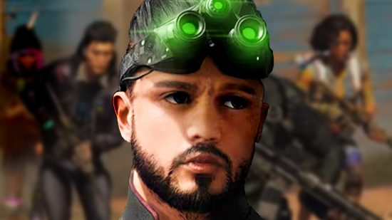 Tom Clancy's XDefiant beta extended - a man wearing the iconic Splinter Cell-style Night Vision Goggles with three green lenses looks on as several soldiers from other Ubisoft games run past behind him