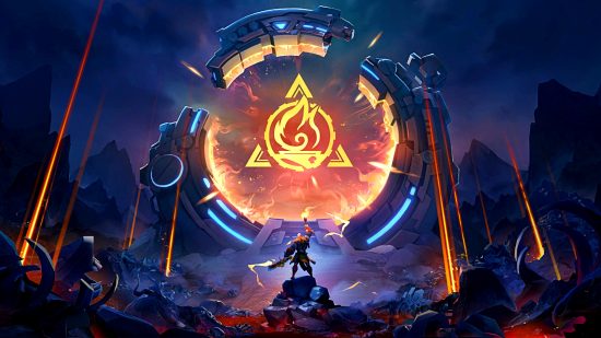 Torchlight Infinite release date - a character looks up at a large gate bearing a triangular emblem