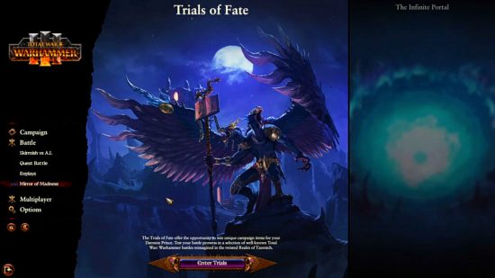 Total War Warhammer 3 DLC - menu screen for Trials of Fate
