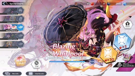 Tower of Fantasy upcoming banners: Blazing Whirlpool event banner, featuring the Lan simulacrum with her Vermillion Bird weapon.