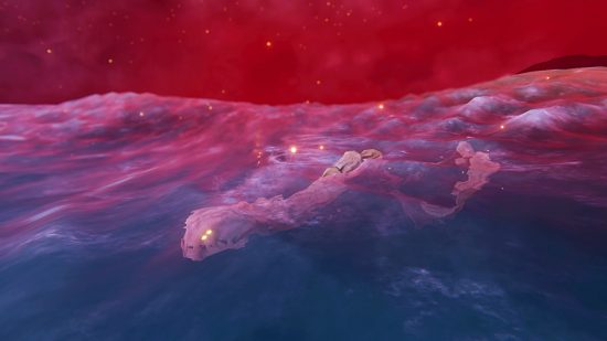 Valheim Ashlands update - wide shot of the ocean under a red sky; a giant bone serpent with glowing yellow eyes swims just under the water's surface