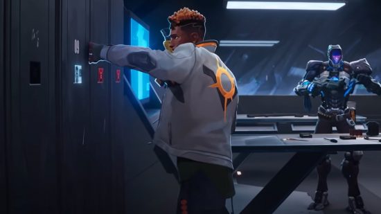 What's the story of the missing Valorant agent 8?: A black man with a dreadlock mohawk wearing a white jacket with a circular logo on the back opens a locker in a high tech room