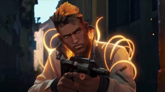A black man with short dreadlocks wearing a white jacket surrounded in shimmering yellow bands of flame readies his gun