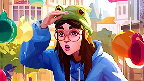 Valorant Episode 6 Act 3 battle pass rewards - Killjoy wearing a blue hoody and green frog hat, holding her hand up to shield her eyes as she peers through a shop window at a variety of colourful mugs