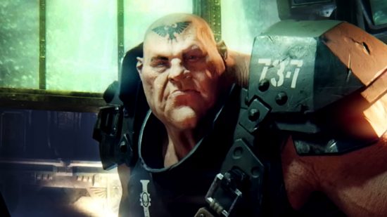Warhammer 40k Darktide Steam sale - an Ogryn: a large, bald figure in hefty armour with a winged eagle tattooed on his forehead