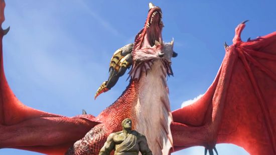WoW Dragonflight - Alexstraza (in dragon form) roars as a stone watcher looks on