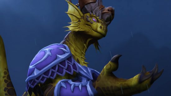 One of WoW Dragonflight patch 10.0.7's smallest changes is its best: A green dragon creature in purple scale armour holds its hand out as rain pours down on him