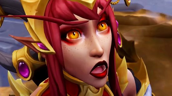 WoW Dragonflight patch notes - April Fools - Alexstraza in human form opens her eyes and mouth wide in shock