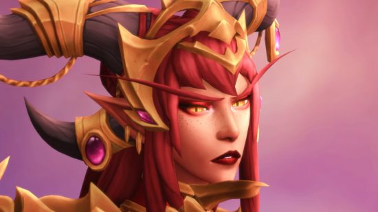 WoW producer blames Blizzard for "losing amazing talent": A woman with long red eyebrown and hair with twisting dragon horns adorned with golden jewellery looks sadly over her shoulder against a pink sky