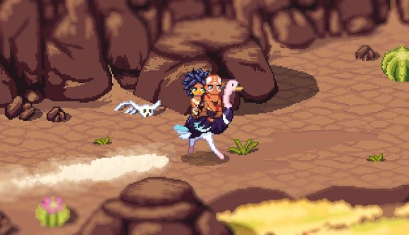 Beloved new farming game removed from Steam due to rights dispute: Two characters riding ostrich in Roots of Pacha