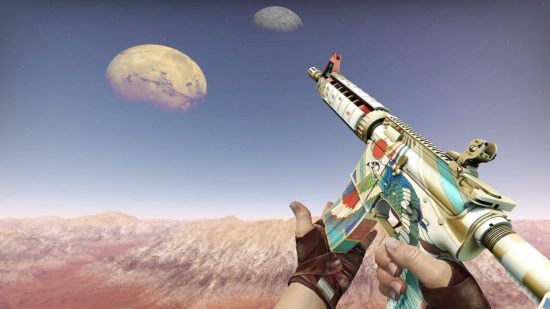 A man holds an Egyptian-style weapon skin on a map of Mars with two moons in the sky