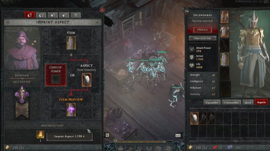 A UI showing how imprint Diablo 4 aspects at the Occultist
