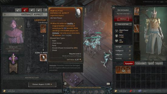 A UI showing how to extract Diablo 4 aspects at the Occultist