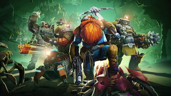 Characters from Deep Rock Galactic standing beside one another