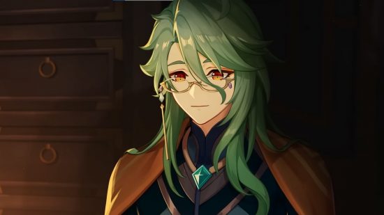 Genshin Impact gives you Primogems for helping other players: anime man with green hair and glasses